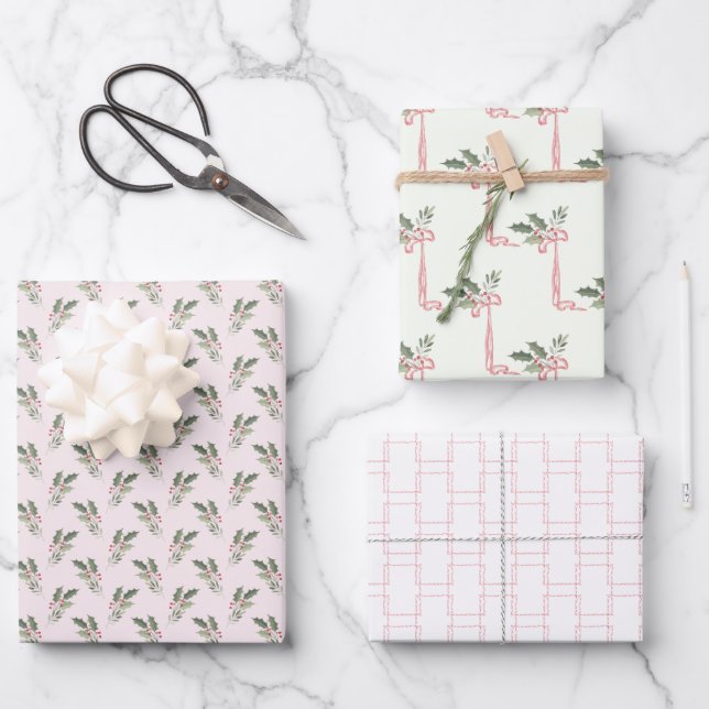 Christmas Holly Pink & Green Wrapping Paper Sheets (Front)