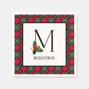 Christmas Holly Plaid Monogram M Personalized Napkins