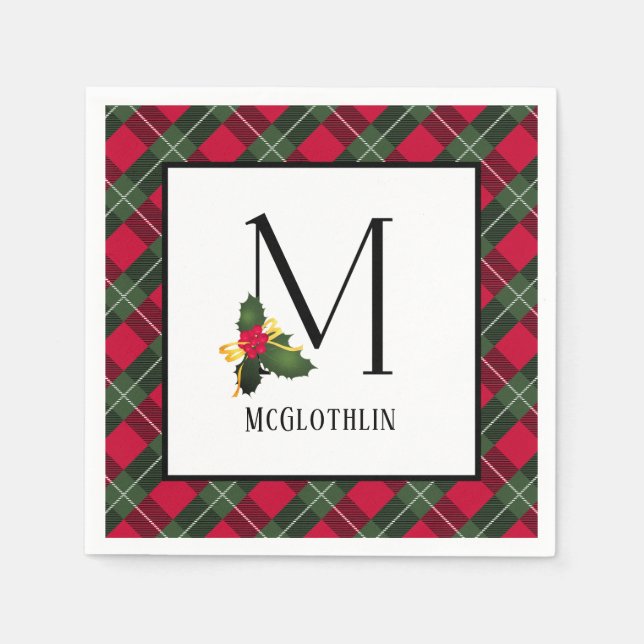 Christmas Holly Plaid Monogram M Personalized Napkins (Front)