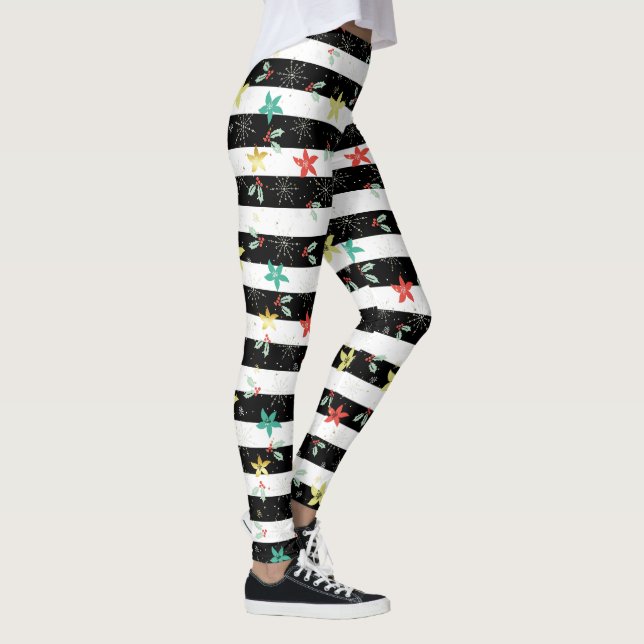 Christmas holly & poinsettia black white stripes leggings (Right)