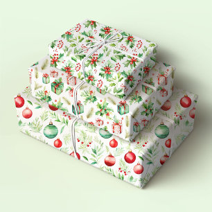 Christmas Holly, Presents and Ornaments Wrapping Paper Sheets
