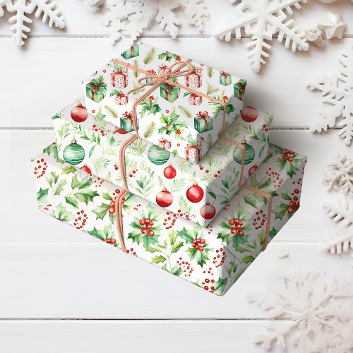 Christmas Holly Presents and Ornaments Wrapping Paper Sheets