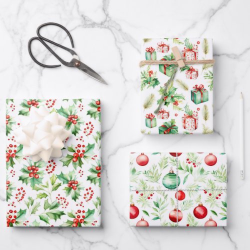 Christmas Holly Presents and Ornaments Wrapping Paper Sheets