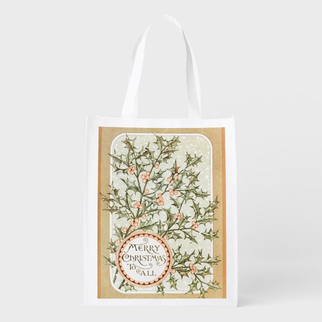 Christmas Holly Pretty Antique Greeting Grocery Bag (Back)