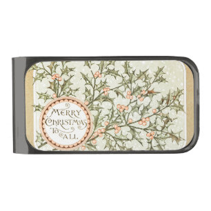 Christmas Holly Pretty Antique Greeting Gunmetal Finish Money Clip