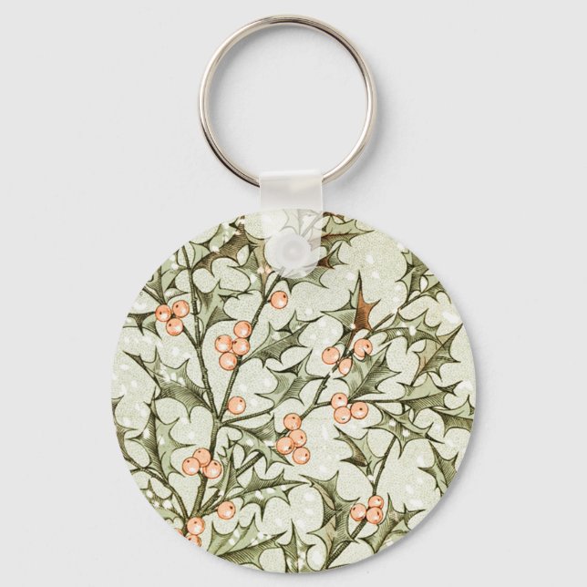 Christmas Holly Pretty Antique Greeting Keychain (Front)