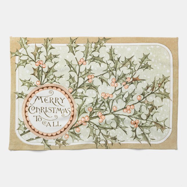 Christmas Holly Pretty Antique Greeting Kitchen Towel (Horizontal)