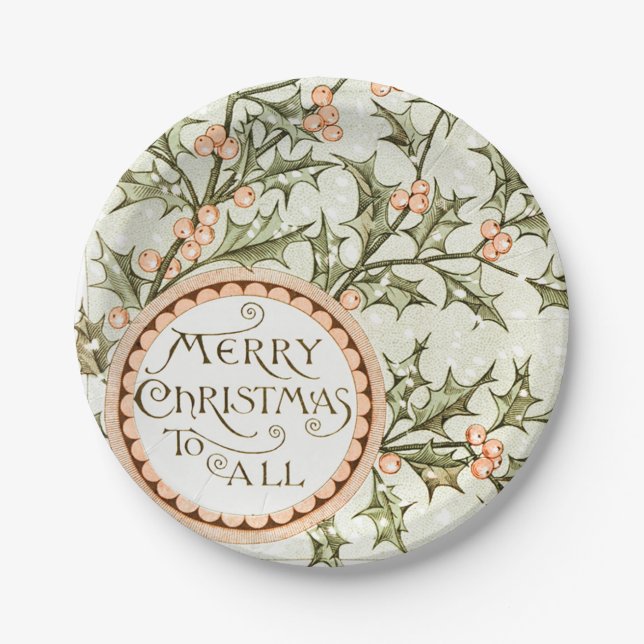 Christmas Holly Pretty Antique Greeting Paper Plates (Front)