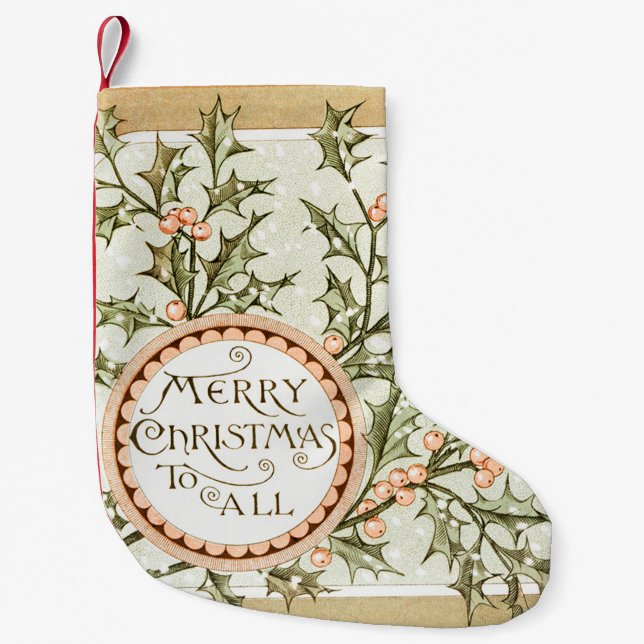 Christmas Holly Pretty Antique Greeting Small Christmas Stocking (Front)