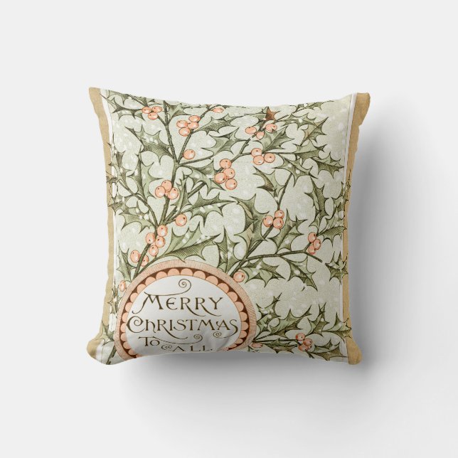 Christmas Holly Pretty Antique Greeting Throw Pillow (Front)