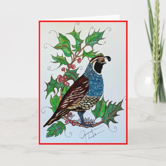 Christmas Holly Quail Note Card (Front)