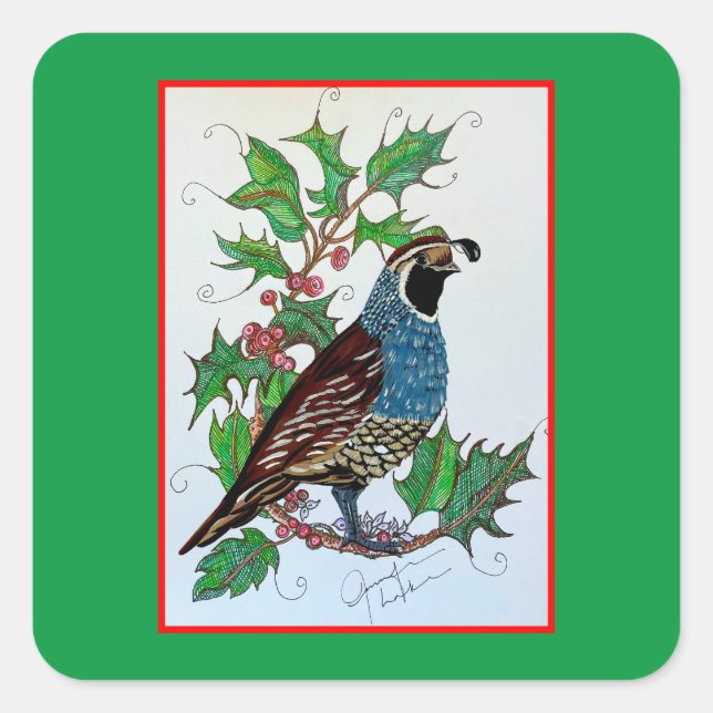 Christmas Holly Quail Square Sticker (Front)