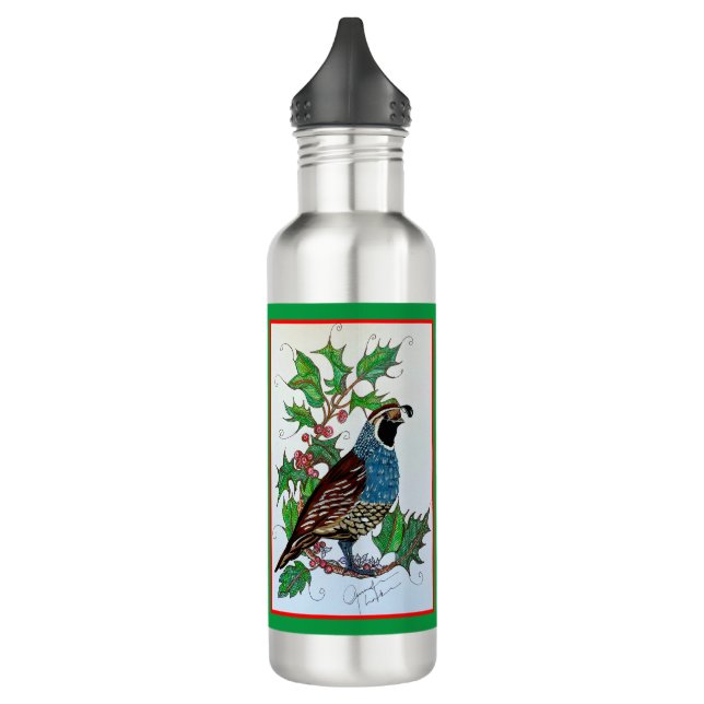 Christmas Holly Quail Stainless Steel Water Bottle (Left)