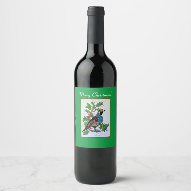 Christmas Holly Quail Wine Label (Front)