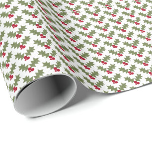 Christmas Holly Red Berries Green Leaves Wrapping Paper