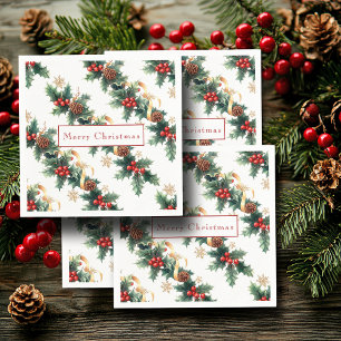 Christmas Holly Red Berries Pine Cones Gold Ribbon Napkins