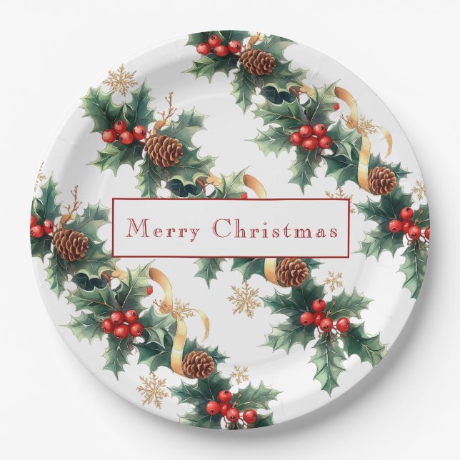 Christmas Holly Red Berries Pine Cones Gold Ribbon Paper Plates (Front)
