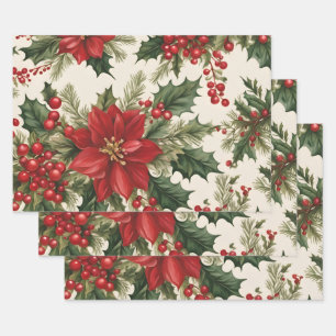Christmas Holly & Red Berries  Wrapping Paper Sheets
