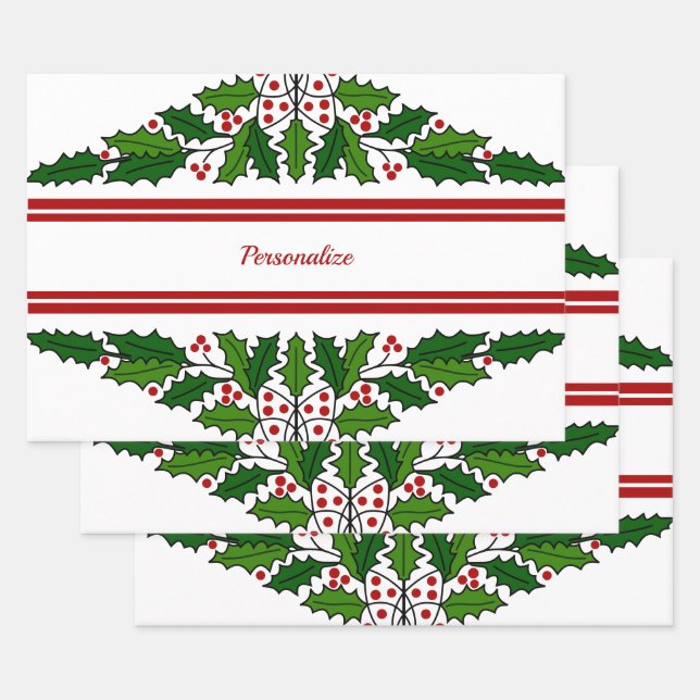 Christmas Holly & Red Berries Xmas Holiday Wrapping Paper Sheets (Set)