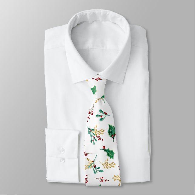 Christmas Holly Red Berry Foliage Gold Greenery Neck Tie (Tied)