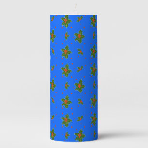 Christmas Holly Red Berry Pattern on Festive Blue Pillar Candle