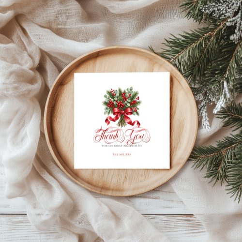 Christmas Holly Red Bow Thank You Red Typography Napkins
