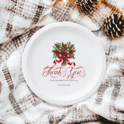 Christmas Holly Red Bow Thank You Red Typography Paper Plates