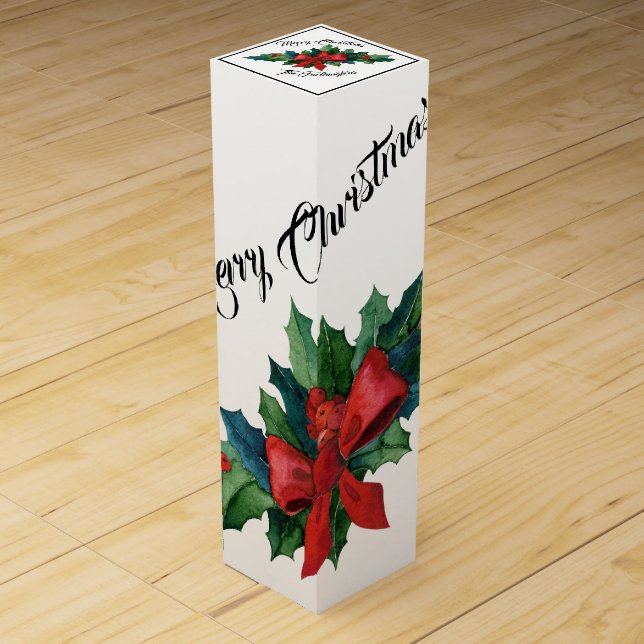 Christmas Holly & Red Bow / White With Black Font Wine Box (Front)