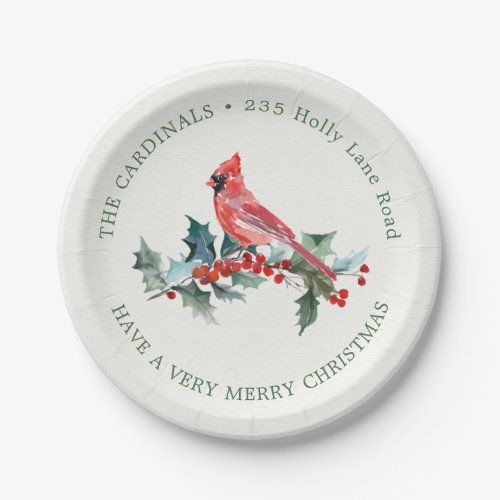 Christmas holly red Cardinal bird Paper Plate