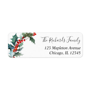 Christmas holly red green watercolor label