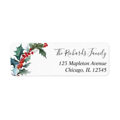 Christmas holly red green watercolor label