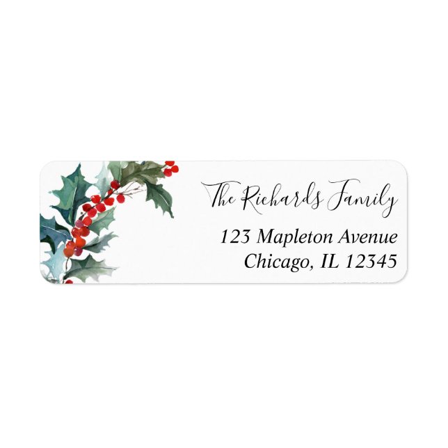 Christmas holly red green watercolor label (Front)