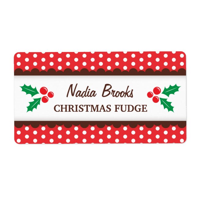 Christmas holly red polka dots canning jar label (Front)