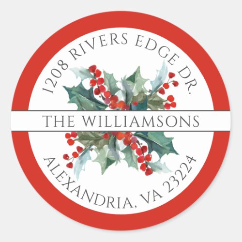 Christmas Holly Red Return Address Classic Classic Round Sticker