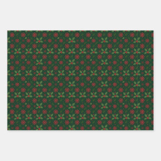 Christmas Holly & Red Snowflake Pattern Wrapping Paper Sheets