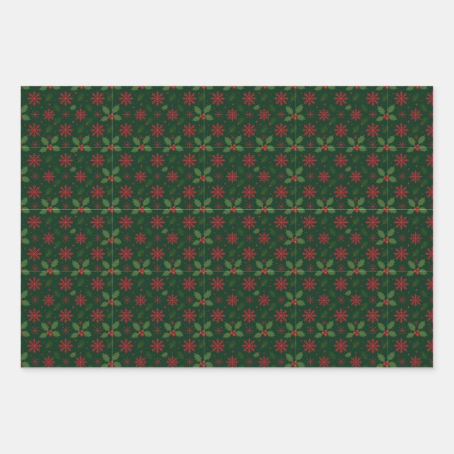 Christmas Holly & Red Snowflake Pattern Wrapping Paper Sheets (Front)