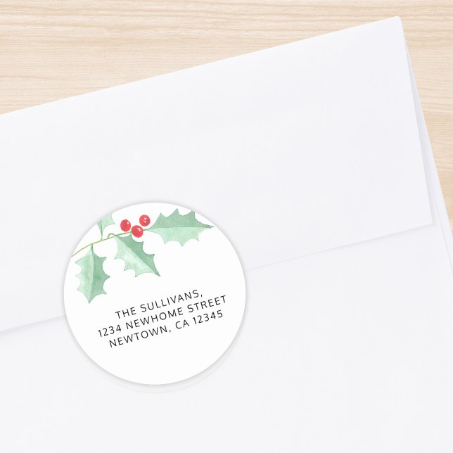 Christmas Holly Return Address Classic Round Sticker (Creator Uploaded)