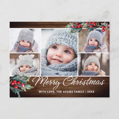 Christmas Holly Rustic 5 PHOTO Greeting Holiday Postcard