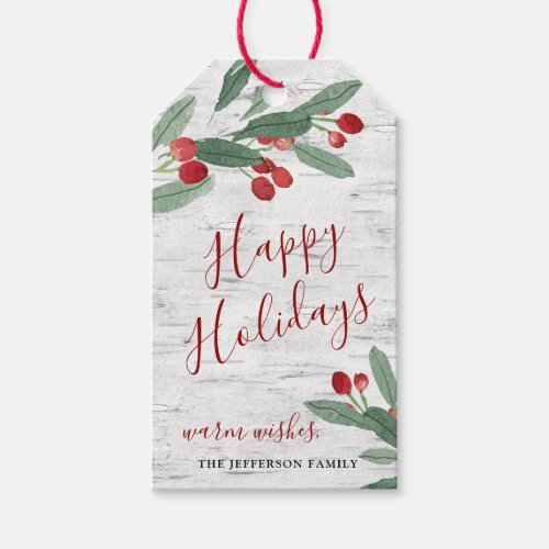 Christmas Holly Rustic Happy Holidays White Bark Gift Tags
