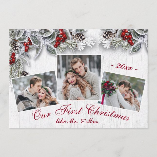 Christmas Holly Rustic Photo Holiday Greeting Card (Front)