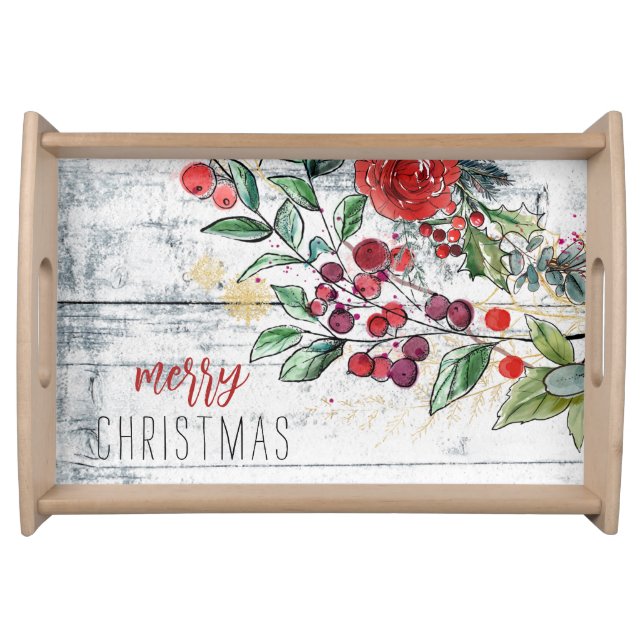 Christmas Holly Rustic Wood Holiday Serving Tray (Front)
