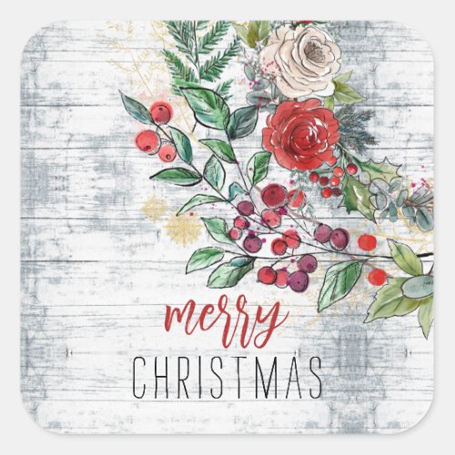 Christmas Holly Rustic Wood Holiday  Square Sticker