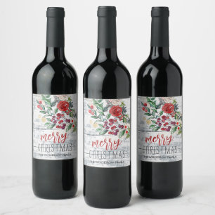 Christmas Holly Rustic Wood Holiday Wine Label