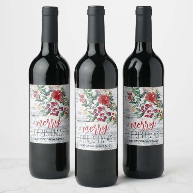Christmas Holly Rustic Wood Holiday  Wine Label (Bottles)