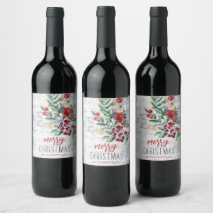 Christmas Holly Rustic Wood Holiday Wine Label
