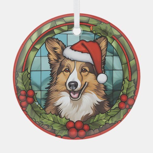 Christmas Holly Santa Hat Shetland Sheepdog Glass Ornament