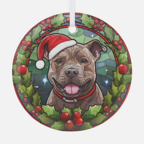 Christmas Holly Santa Staffordshire Terrier Dog Glass Ornament