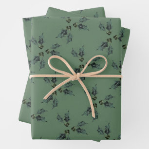 Christmas holly sketch holiday green wrapping paper sheets