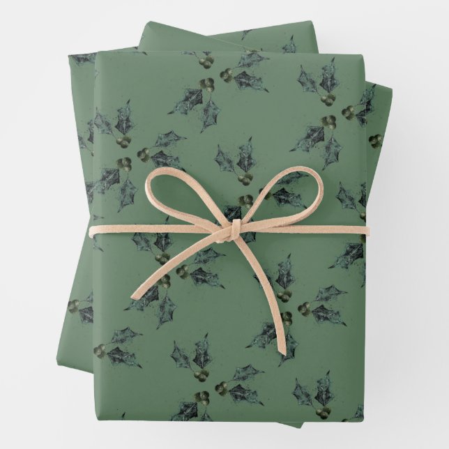 Christmas holly sketch holiday green   wrapping paper sheets (In situ)