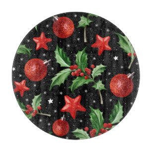Christmas Holly Snow Stars Seamless Cutting Board